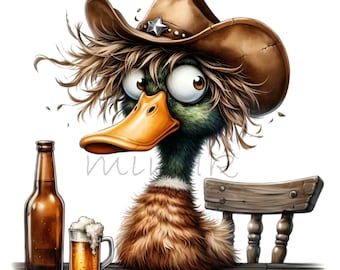 12 PNG Funny Cowboy Duck, Mallard Beer Mug Clipart, Western Bird Bar Sublimation