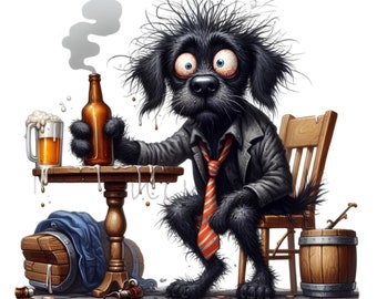 15 PNG Hunde Clipart - Lustiger nasser Hund mit Bier und Krawatte, Office Humor Shirts, Tassen, Sublimation