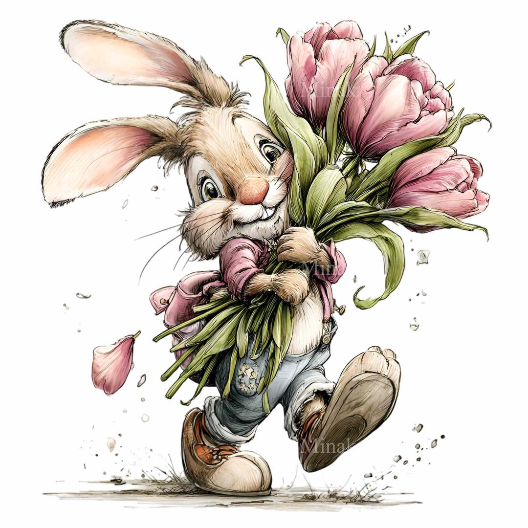 15 PNG Spring Bunny Clipart, Watercolor Rabbit Pink Tulips Floral ...