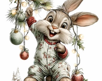 May include: A cheerful illustration of a bunny wearing pajamas, holding a branch with Christmas ornaments and lights. The bunny is smiling, with a red collar and cuffs on the pajamas. A small Christmas tree is in the background.