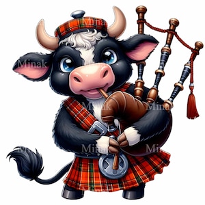 12 vaches écossaises PNG Clipart - jolie vache en kilt tartan jouant de la cornemuse - art numérique lunatique à télécharger