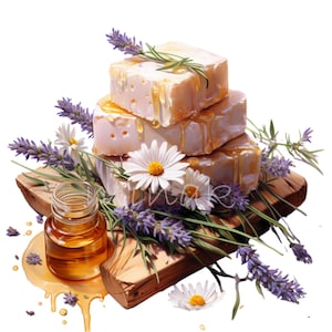 20 Clipart di sapone al miele e lavanda, PNG per la cura della pelle fatta a mano, arte digitale per il bagno in stile fattoria, design a sublimazione floreale a nido d'ape