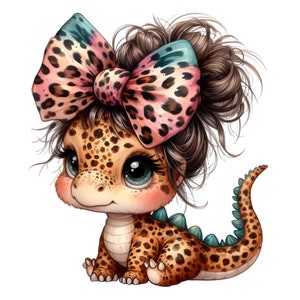 Dinosaurie-clip art, 10 PNG-kladdig bulle, dinosaurieflicka-clipart, rolig djur-clipart, utskrivbar leopardmönster-rosett för barnrum, DIY-korttillverkning bild 7
