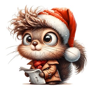 May include: A cartoon squirrel wearing a red Santa hat and a brown coat, holding a newspaper. The squirrel has brown fur and big, round eyes.