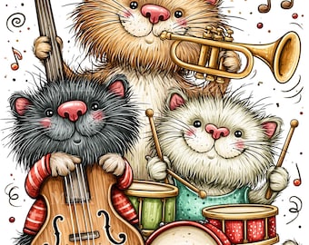15 PNG Cat Band, Kitten Orchestra Trumpet Drums Bass Clipart Art