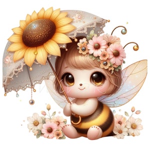 Clipart de abelha de mel, clipart de abelha fofa, guarda-chuva de flor de 12 PNG, downloads digitais, criação de cartão, sublimação, etiqueta de presente, lixo eletrônico