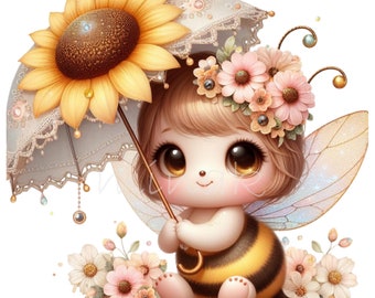 May include: A cute cartoon bee with brown hair, wearing a yellow and black striped dress, holding a white lace umbrella with a yellow sunflower on top. The bee is surrounded by pink and white flowers.