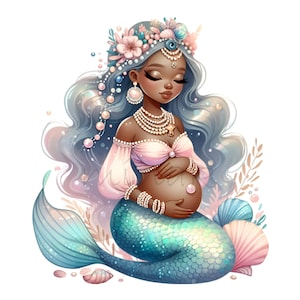 10 imágenes PNG de sirenas embarazadas: hermosa sirena embarazada con perlas, corona floral y decoración oceánica, arte de sublimación para baby shower