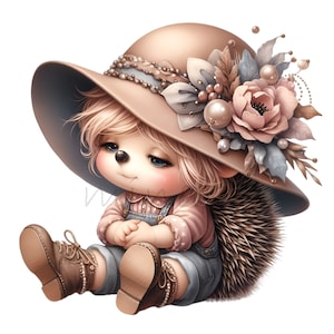10 Clipart PNG di ragazza riccio - Riccio carino con cappello a fiori e tuta - Sublimazione di animali del bosco per decorazioni per bambini e asili nido
