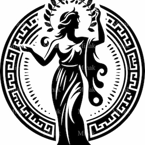 5 archivos SVG de diosa griega, silueta de mujer elegante con corona de laurel, marco circular de mito antiguo