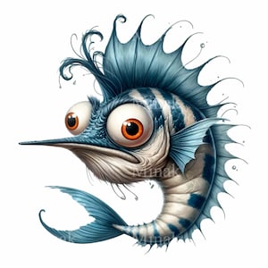 Quirky Marlin Fish Clipart - 14 Funny Blue Fish with Big Eyes Digital Art PNG for Crafts & Sublimation