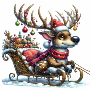 Clipart PNG di renne festive con cappello di Babbo Natale, 15 bicchieri, sciarpa e slitta, ornamenti natalizi su corna