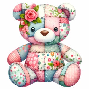 Patchwork Bear PNG Clipart | 12 Cute Quilted Bear Illustration | Floral Patterned Stuffed Animal Art Digital Download