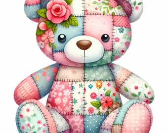 Patchwork Bear PNG Clipart | 12 Cute Quilted Bear Illustration | Floral Patterned Stuffed Animal Art Digital Download