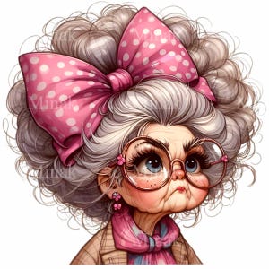 Schrullig Oma Clipart - 10 süße Oma mit rosa Schleife und Brille Digital Art PNG zum Basteln & Sublimation