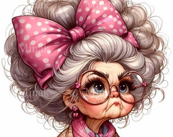 10 PNG Grandma Clipart – Funny Elderly Lady Illustration with Glasses, Vintage Character Artwork