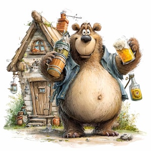 Op de afbeelding: Een cartoon illustratie van een bruine beer die een bierpul en een houten vat vasthoudt. De beer draagt een blauw overhemd en staat voor een rustiek houten huis. De afbeelding heeft een grillige, cartoonachtige stijl.