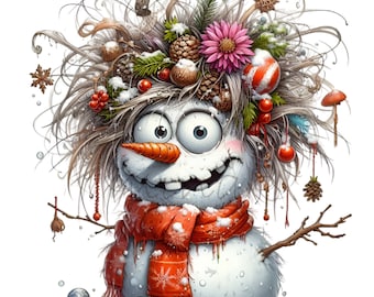 12 PNG Funny Snowman Clipart, Crazy Hair Winter Christmas