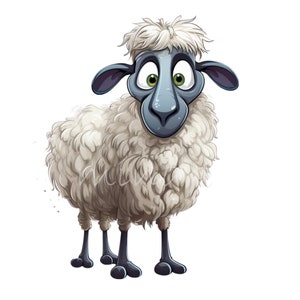 20 grappige schapen PNG-clipart, pluizig cartoon lam met grote ogen en gekke uitdrukking, boerderijdieren kunst, digitale download
