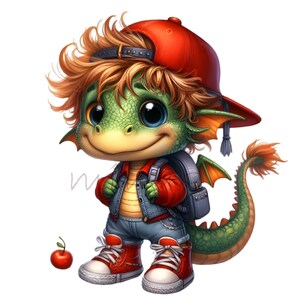 May include: A green dragon wearing a red baseball cap, red jacket, blue jeans, and red sneakers. The dragon is carrying a backpack and has a red apple on the ground next to it.