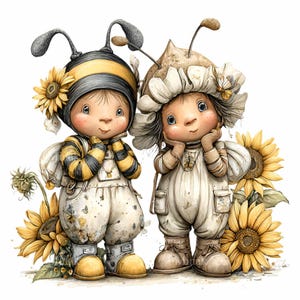 15 Sunflower Bee Kids Clipart, Yellow Floral Children Png, Twin Insect Graphic