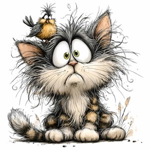 15 PNG Rolig Katt Clipart – Söt Skräpig Katt PNG med Fågel – Humoristisk Djurkonst för Klistermärken, Kort, Muggar, Väggtryck, Digitalt Hantverk