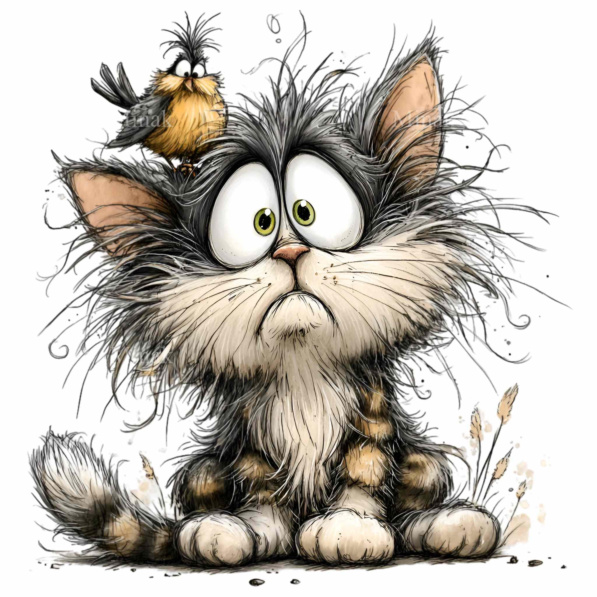 15 PNG Funny Cat Clipart – Cute Scruffy Cat PNG With Bird