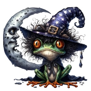 12 PNG Wizard Frog Clipart – Magical Halloween PNG – Spooky Toad with Moon for Witch Decor, Cute Animal Art for Fall Crafts & Printables