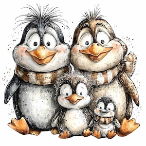 May include: A watercolor illustration of a penguin family. Two adult penguins and two baby penguins are smiling. They are wearing striped scarves. The penguins are in shades of gray, brown, and white, with orange beaks and feet. The background is white.