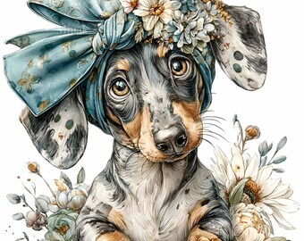 Può includere: Illustrazione digitale di un cane bassotto con un foulard blu e una corona floreale. Il cane ha un mantello nero, grigio e marrone, con grandi occhi marroni. L'immagine è circondata da fiori bianchi e blu.