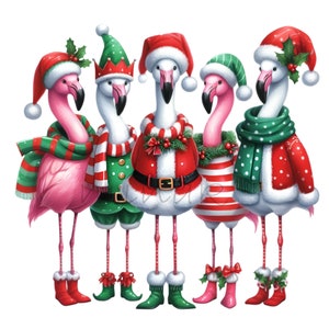 May include: A group of five flamingo illustrations dressed in Christmas attire. Each flamingo wears a Santa hat, scarf, and boots in red and green. Some have elf hats and jackets. The flamingos stand together against a white background.
