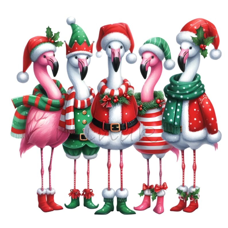 May include: A group of five flamingo illustrations dressed in Christmas attire. Each flamingo wears a Santa hat, scarf, and boots in red and green. Some have elf hats and jackets. The flamingos stand together against a white background.