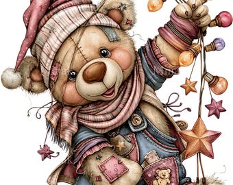 15 Patchwork Bear Holding Star Lights Png, Vintage Night Cap Scarf Overalls Clipart