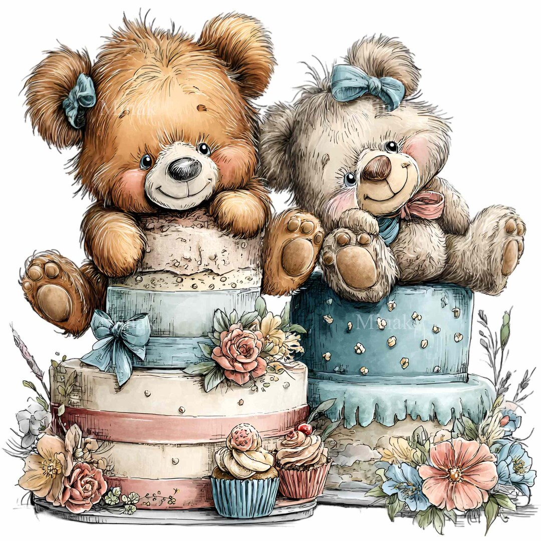 11 PNG Bear Cub Clipart, Watercolor Birthday Bears on Cake Baby Shower ...