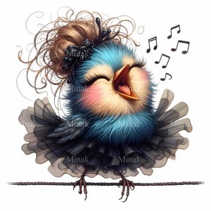 12 elegantes imágenes PNG de pájaros cantores, pájaro cantor azul con tutú negro, arte digital de pájaro musical caprichoso