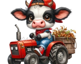 May include: A black and white cow wearing a red hat and overalls drives a red tractor with a wooden wagon filled with corn stalks.