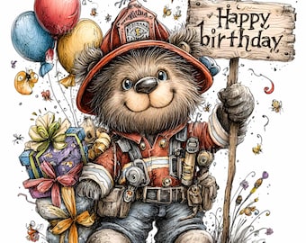 10 PNG Firefighter bear PNG – Happy birthday clipart – cute fireman animal with balloons and gifts for kids cards, invites and printables