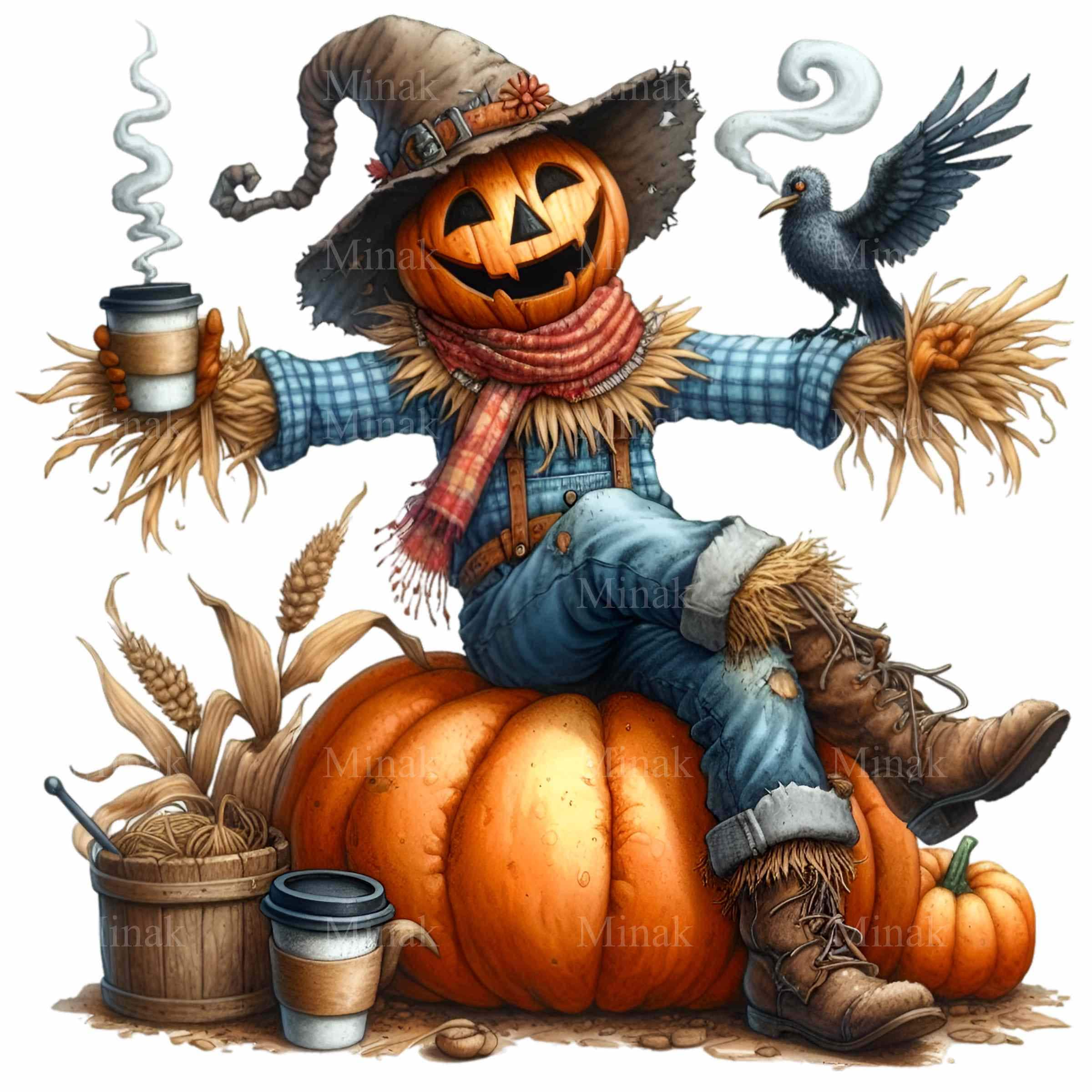 14 PNG Pumpkin Scarecrow Clipart – Fall Coffee PNG – Cute