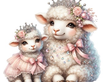 10 imágenes PNG de princesas corderitas: ilustración de familia real de ovejas con coronas para sublimación infantil