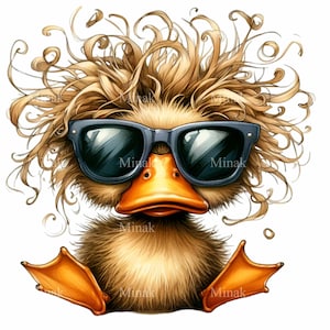 Süße Lockige Ente Clipart mit Sonnenbrille, 12 lustige Cartoon-Tier PNG, coole schrullige digitale Kunst für Kinder und Dekor