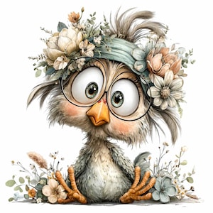 16 PNG Flower crown chick clipart – Cute bird – Digital download for nursery art, kids party decor, invitations, scrapbooking, DIY crafts