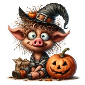 12 Halloween Schwein Clipart PNG, süße Hexe Schwein mit Kürbis, gruselige Fantasy Tier digitaler Download für Sublimation