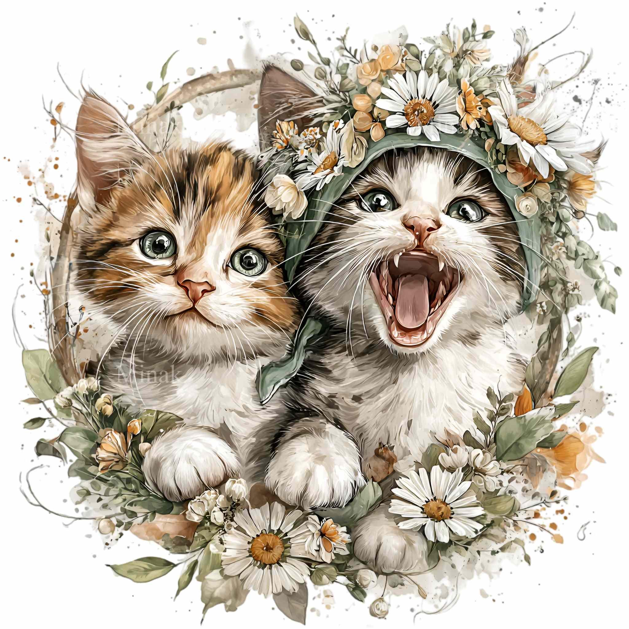 15 PNG Floral Kittens Clipart – Cute Cat Wreath PNG for Nursery Wall ...