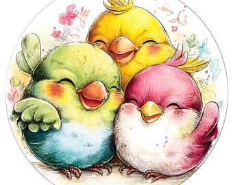 15 PNG Happy Baby Birds Clipart, Watercolor Round Songbird Graphics, Floral Trio