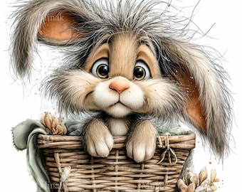12 PNG Fluffy Bunny Basket Clipart, Messy Hair Rabbit Animal Sublimation