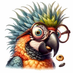 12 imágenes prediseñadas de loros extravagantes, guacamayo colorido con anteojos comiendo semillas, ilustración divertida de pájaros, arte digital caprichoso
