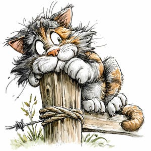 15 PNG Funny cat on fence – Cartoon PNG clipart – Whimsical kitten art for planner stickers, kids crafts and printable decor