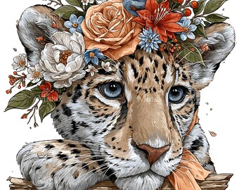 14 Floral Crown Snow Leopard Cub Png Blue Eyes Rose Bird Botanical Clipart