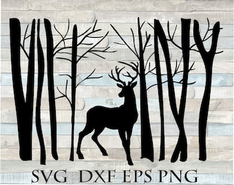 1 Forest Deer Silhouette SVG, Woodland Trees Vector Cut File, Nature Cutout Design