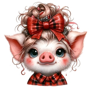 15 hartjes png-clipart, schattig biggetje met grote ogen, rood geruit shirt en strik, boerderijdieren digitale download